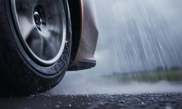 A cinematic close-up of a car&rsquo;s wheel spinning on a wet road, with water droplets flying off and a blurred background of a stormy sky. The camera focuses on the motion and texture of the tire