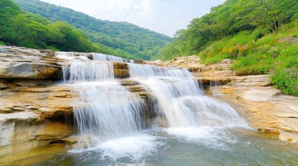 Obraz premium The waterfall consists of multiple tiers cascading down a series of rocky outcrops surrounded by lush greenery and vibrant flowers