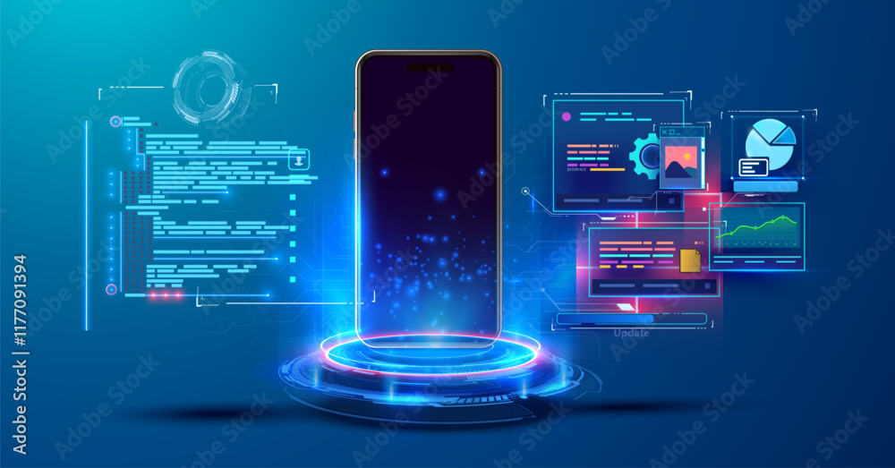 Poster Futuristic smartphone interface with programming code, data charts, and glowing hologram effects on a digital network background. Perfect for mobile app or software development illustration.