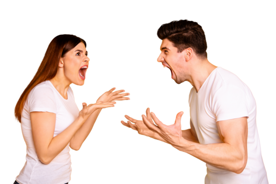 Profile side view portrait of his he her she two attractive aggressive frustrated annoyed irritated crazy people having fight blame isolated over vivid shine bright yellow background