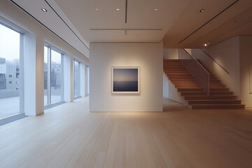 Obraz premium Modern art gallery interior, hardwood floor, seascape photo