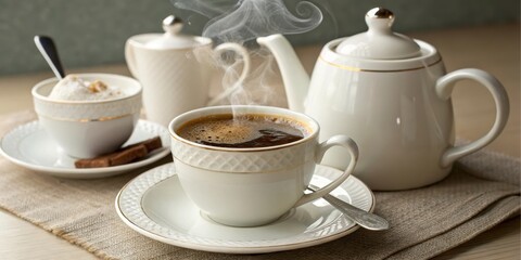 Aromatic coffee steaming in an elegant porcelain cup, accompanied by a cream and sugar bowl, and a teapot, all set on a rustic surface.