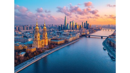 Obraz premium Moscow sunset cityscape, river, cathedral, modern buildings.