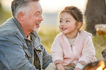 Fototapeta premium Capture the warmth of family bonds with a heartwarming image of a dad and child by a campfire This scene highlights the beauty of family time, creating lasting memories A singalong is a joyful