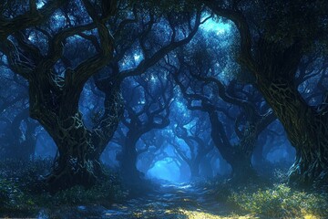 Moonlight path through enchanted forest with gnarled trees and glowing mist