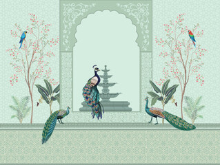Traditional Mughal decorative wall with plants and peacock, Flowers, Mughal Arch.