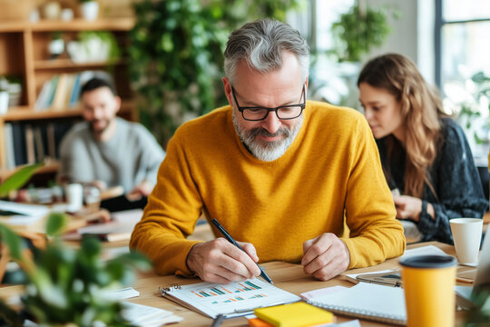 focused man in yellow sweater analyzes data on paper in bright office filled with plants. Colleagues work in background, creating collaborative atmosphere