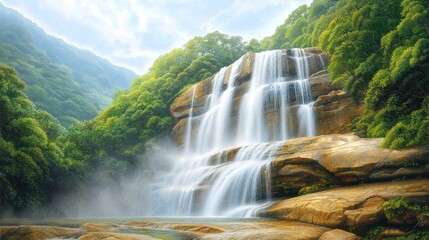 Fototapeta premium A detailed illustration of a majestic waterfall cascading down a rocky cliff surrounded by lush green jungles, creating a beautiful natural landscape that showcases the wild beauty of nature.