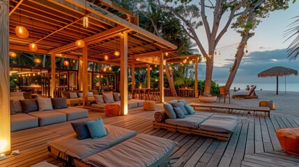 Fototapeta premium Outdoor Beach Bar Lounge with Wooden Deck, Seating, and String Lights