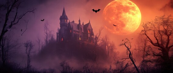 Fototapeta premium Enchanted castle illuminated by a haunting full moon under a starry Halloween night sky