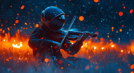 An astronaut playing a violin, blending science and art.