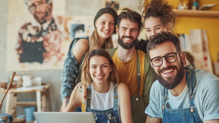 Happy group of young adults smiling together in creative workspace, showcasing friendship and collaboration. Their joyful expressions reflect vibrant atmosphere
