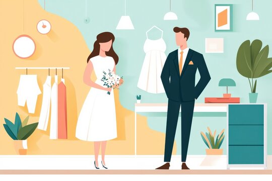 Wedding Dress Consultation Scene with Bride Holding Bouquet and Tailor in Elegant Atelier Setting, Showcasing Fashion and Design for Celebrations