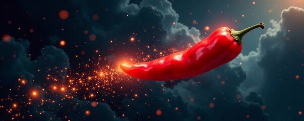 Red hot pepper soaring through dark sky, with sparks and embers trail, dark sky, explosion