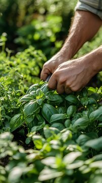 A farmworker cutting fresh herbs like basil and oregano from a lush herb garden
