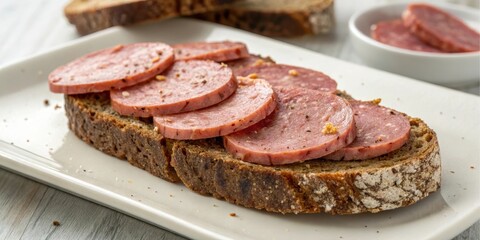 A delectable open-faced sandwich featuring savory cured sausage slices atop a rustic whole grain bread.