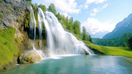 Fototapeta premium The Schleier waterfall cascades down a steep rock face at the Hintersee, creating a mesmerizing display of flowing water that glistens in the sunlight