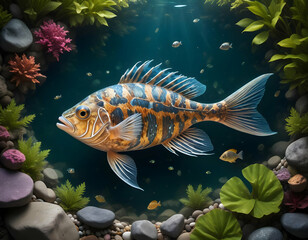 Fototapeta premium Vibrant fish swimming among coral and aquatic plants in a tranquil underwater habitat