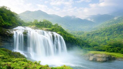 Fototapeta premium The majestic waterfall cascades down the rugged mountainside, surrounded by lush green foliage and vibrant flowers