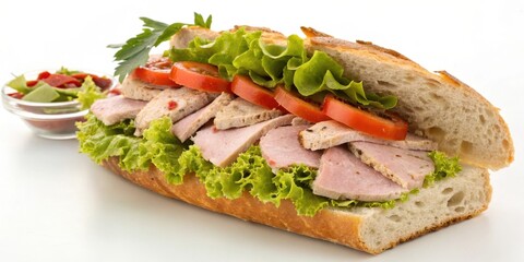 Appetizing Deli Meat Sandwich with Fresh Lettuce and Tomato Slices on Crusty Bread
