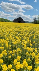 A field of bright yellow mustard flowers blooming with a distant barn in the background