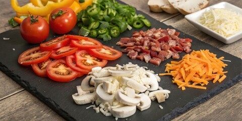 A culinary slate presents an array of finely chopped vegetables, mushrooms, and cured meat, ready for assembly into a savory dish.