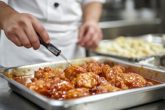 Chef in White Uniform Holding Thermometer to Check Temperature of Delicious Glazed Chicken Dish in Professional Kitchen Setting