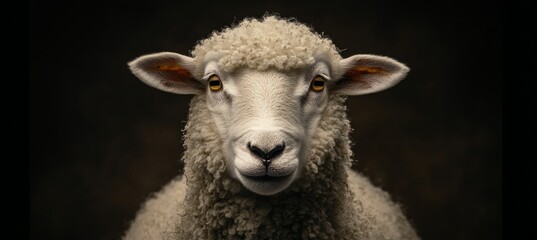 Obraz premium Portrait of a White Sheep Isolated on a Black Background, Studio Shot of a Wooly Farm Animal.