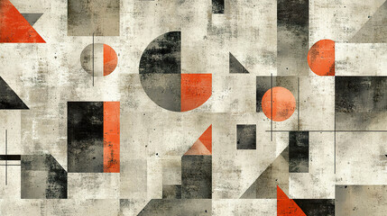 Fototapeta premium Abstract geometric design with circles, triangles, and rectangles in gray, black, and orange tones, featuring a vintage texture and modern style. Generated with AI.