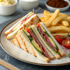 club sandwich with cheese cucumber tomato smoke