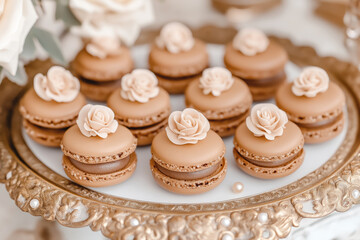 Fototapeta premium rococo style mocha macarons with delicate floral designs on a silver tray, elegant dessert for special occasions