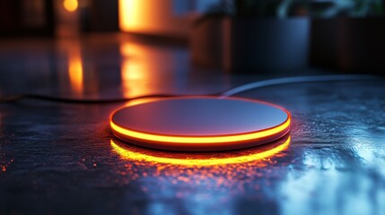 Innovative charging pad displaying warm ambient light in modern interior setting during evening hours