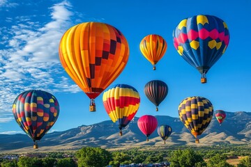 Fototapeta premium Colorful hot air balloons soaring above lush green fields during a sunny day