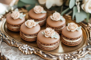 Fototapeta premium rococo style mocha macarons with delicate floral designs on a silver tray, elegant dessert for special occasions