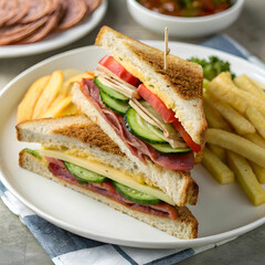 club sandwich with cheese cucumber tomato smoke