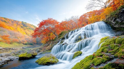 The waterfall cascades down the moss covered rocks, surrounded by trees ablaze with red, orange, and yellow leaves, creating a stunning contrast against the clear blue sky.
