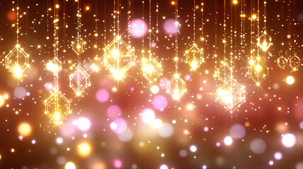 Obraz premium Golden hanging crystals with sparkling effects on a warm background with pink and gold bokeh lights. Generated with AI.