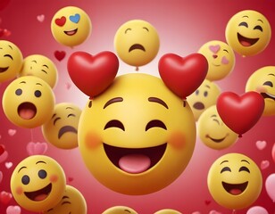 happy 3d smiley face emojis isolated on pink background valentine day celebration, wedding anniversary, love and romance concept