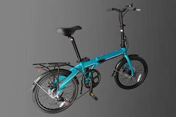 A compact folding bicycle designed for urban commuting, showcased against a gray background to emphasize its sleek design and functionality