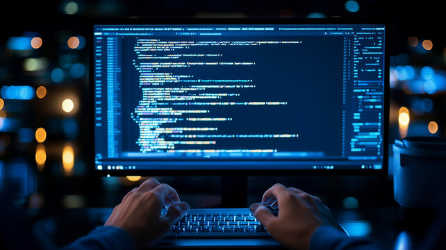 person coding on computer at night, illuminated by screen light, with coffee cup nearby. atmosphere is focused and tech oriented, showcasing programming lines