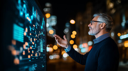 man interacts with digital display at night, showcasing data analysis and technology. urban background is illuminated with city lights, creating vibrant atmosphere