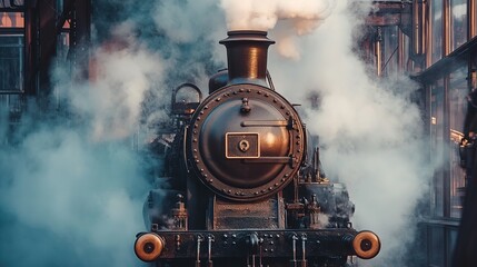 A steam engine in full motion, with thick steam billowing from the pipes.