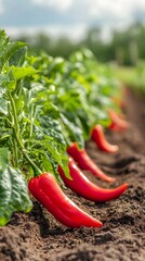 A row of colorful crops like red peppers, carrots, and lettuce growing in a neatly arranged garden