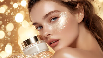 
Banner for a premium skincare brand, showcasing luxurious creams and radiant models, can be used for perfumes and fragrances, weddings and events, fashion and accessories, health and wellness
