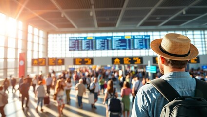 Tourist with backpack watching flight information display in airport