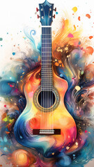 Fototapeta premium A vibrant digital illustration of an acoustic guitar, painted in vivid swirls of red, orange, blue, and yellow, blending seamlessly with abstract floral patterns. 