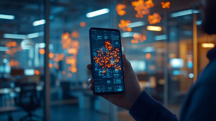 person holding smartphone displaying digital network visualization in modern office setting, illuminated by ambient lights. atmosphere is tech focused and innovative