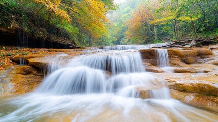 Obraz premium The breathtaking Huay Mae Kamin waterfall cascades down a series of vibrant autumn colored rocks, creating a mesmerizing display of nature's beauty in the heart of Kanchanaburi, Thailand.