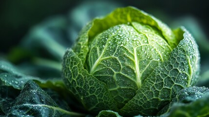 Fototapeta premium Fresh green cabbage and mint leaves on a dark surface with moisture droplets