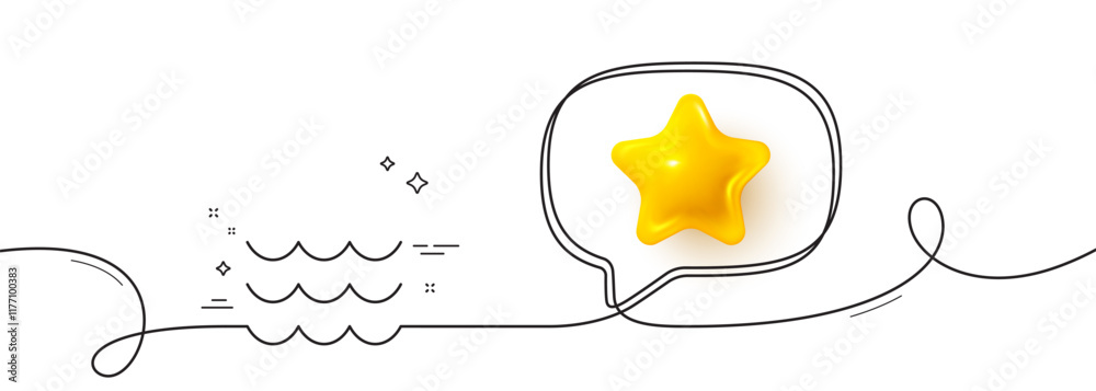Poster waves line icon. continuous line with 3d star. sea flowing sign. water symbol. 3d star in speech bub